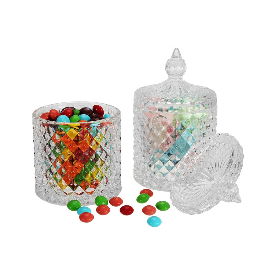 Glass Candy Jar with Lid Decorative Candy Cookie Dish Bowl Clear Crystal Diamond Faceted Jar Ideal For Home Party Wedding