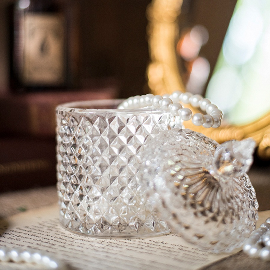 Glass Candy Jar with Lid Decorative Candy Cookie Dish Bowl Clear Crystal Diamond Faceted Jar Ideal For Home Party Wedding