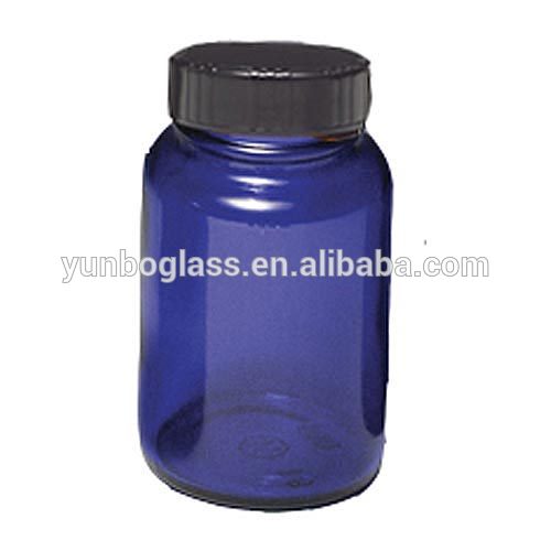 Glass Cobalt Blue Packer Bottle 250ml With Black Cap