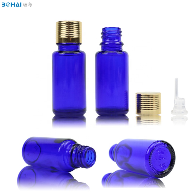 Glass Essence Oil Bottle 15ml 0.5oz Blue Essential Oil Screen Printing Personal Care CROWN Cap with Screw Goldcap