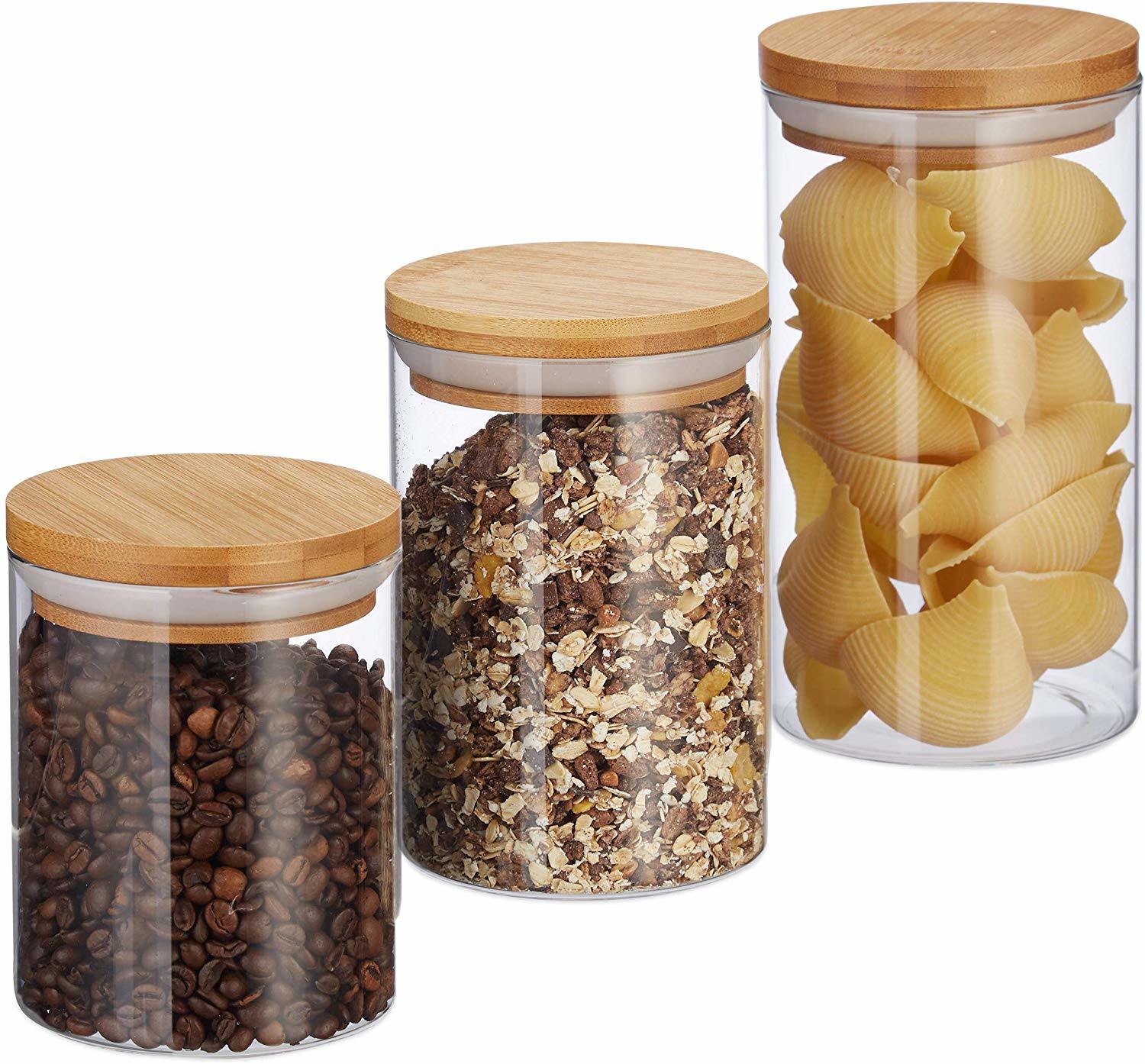Glass Food Storage Containers Set Airtight Food Jars With Bamboo Wooden Lids Kitchen Canisters For Sugar,Candy, Cookie, Spice