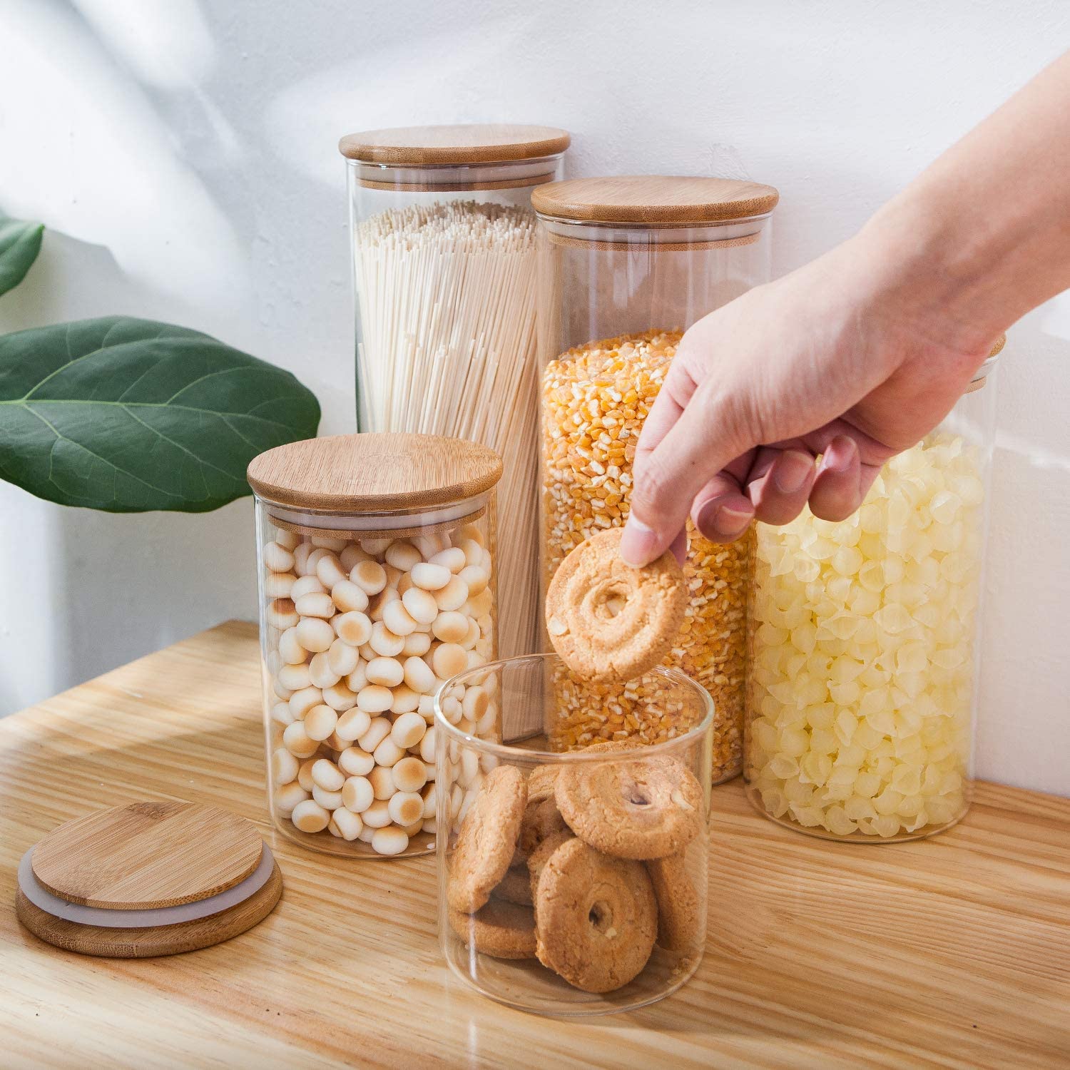 Glass Food Storage Containers Set Airtight Food Jars with Bamboo Wooden Lids Set of 5 Kitchen Canisters