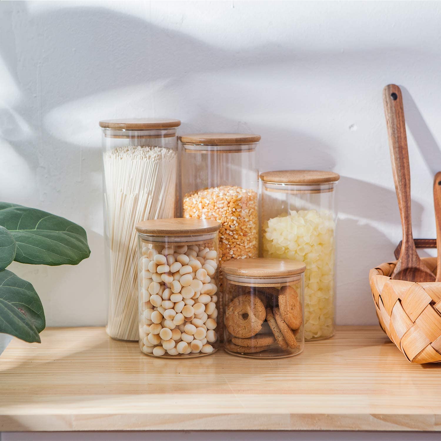 Glass Food Storage Containers Set Airtight Food Jars with Bamboo Wooden Lids Set of 5 Kitchen Canisters