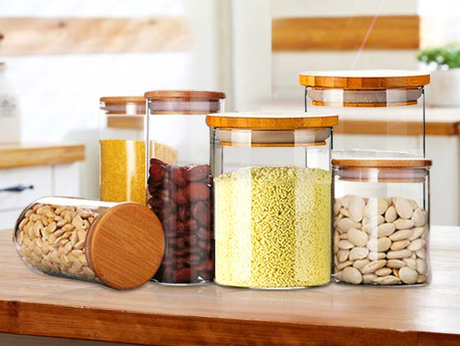 Glass Food Storage Jar With Bamboo Lid Airtight Canisters For Kitchen Container With Cover For Tea Coffee Candy Spice Grains