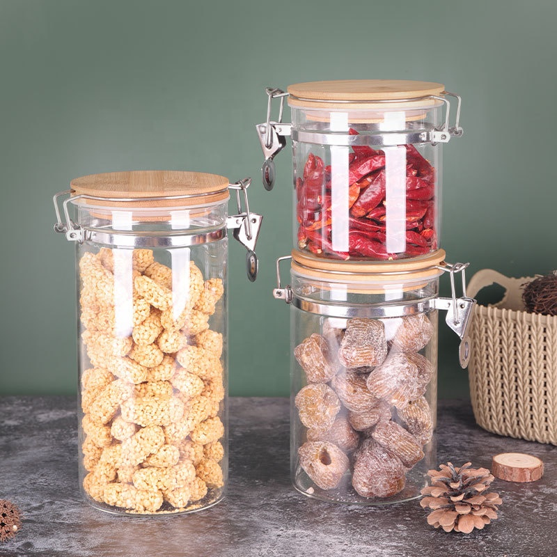 Glass Food Storage Jar with Airtight Seal Bamboo Lid Snap-Fit White Glass Food Storage Canister