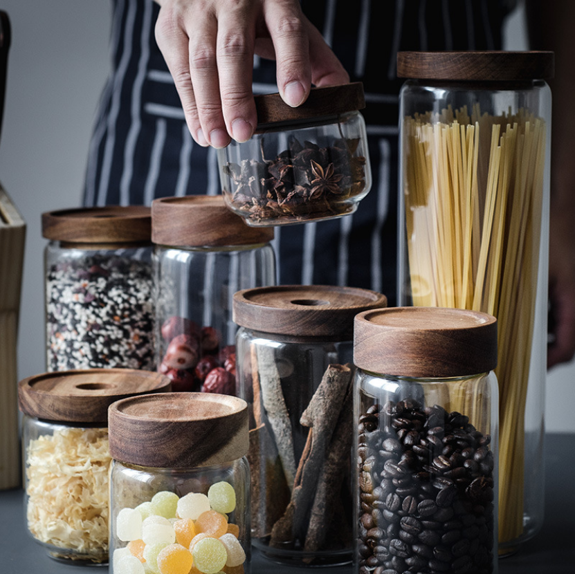 Glass Food Storage Jar with Lid Kitchen Container with Bamboo Cover for Serving Tea, Coffee, Spice and More