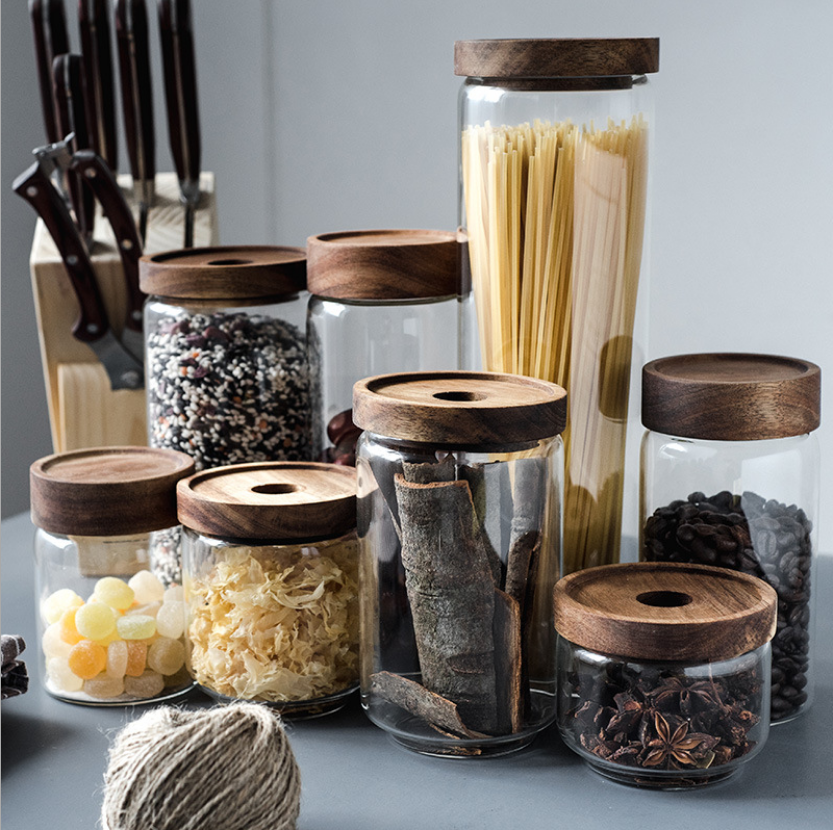 Glass Food Storage Jar with Lid Kitchen Container with Bamboo Cover for Serving Tea, Coffee, Spice and More