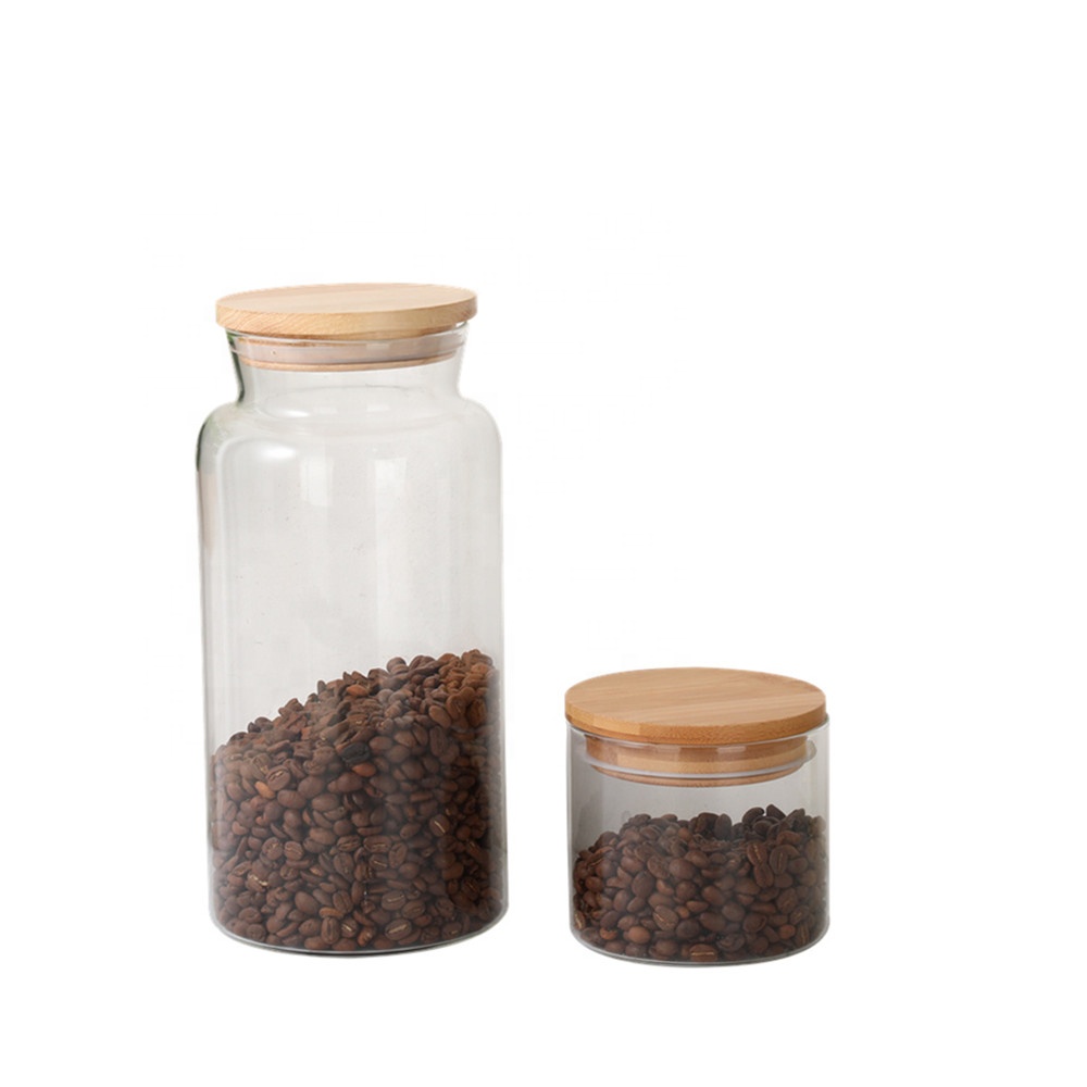 Glass Food Storage Jars Containers with Airtight Bamboo Lids Set of 2 for Coffee, Flour, Sugar