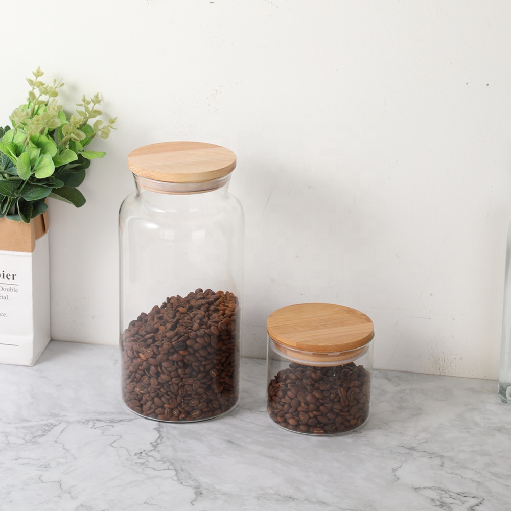 Glass Food Storage Jars Containers with Airtight Bamboo Lids Set of 2 for Coffee, Flour, Sugar