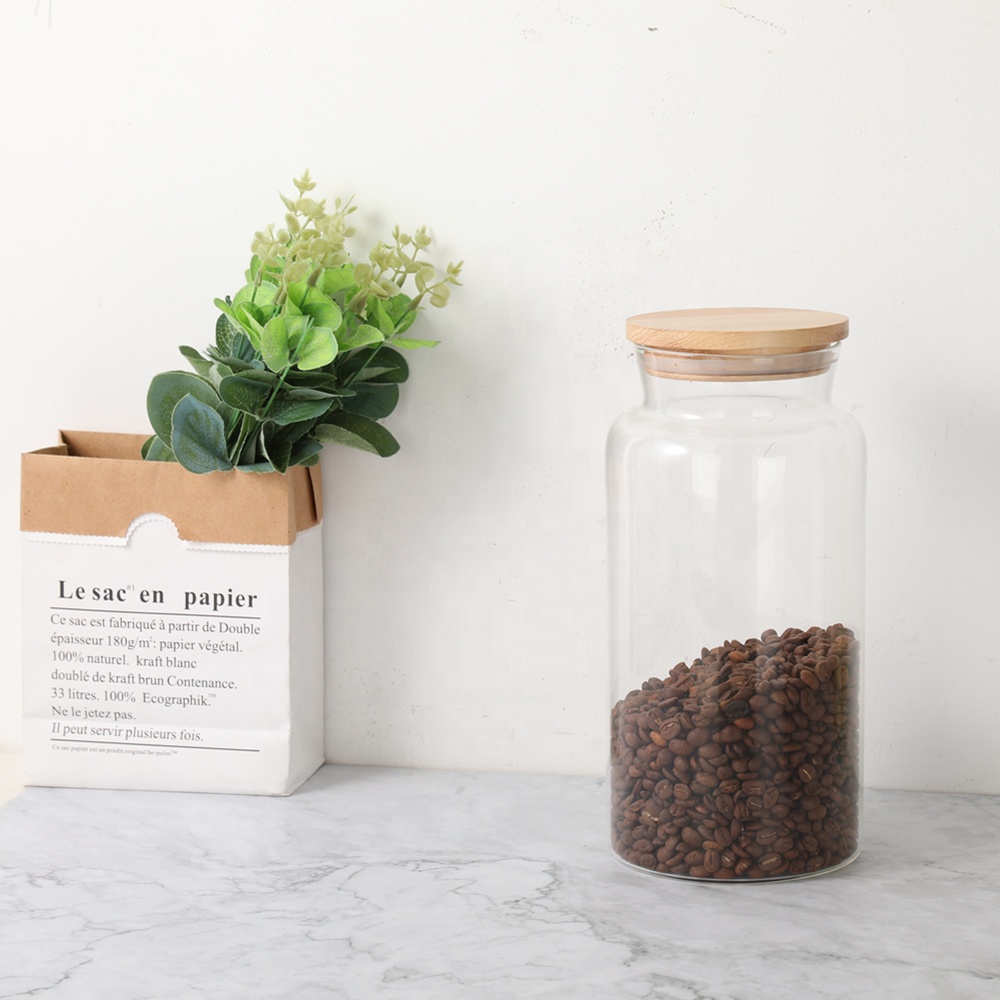 Glass Food Storage Jars Containers with Airtight Bamboo Lids Set of 2 for Coffee, Flour, Sugar