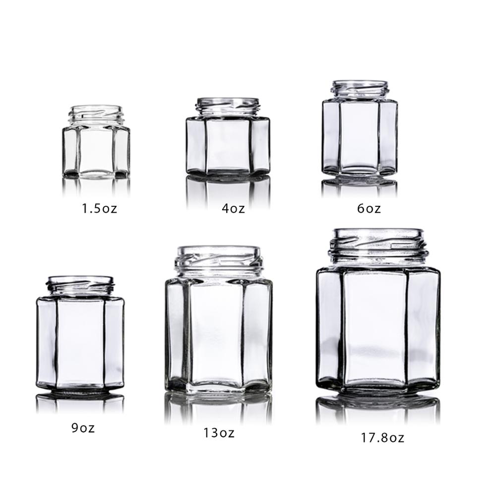 Glass Hexagonal Jam Jar With Colorful Twist Metal Cap Use For Food Storage