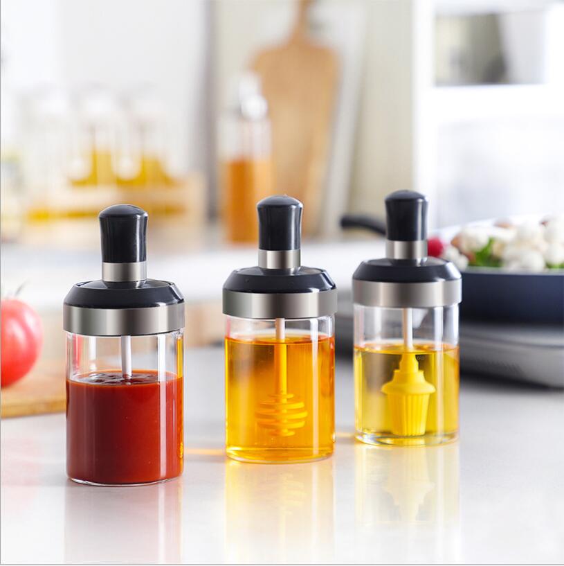 Glass Integrated Spice Bottles Jars Seasoning Spoon Oil Brush Honey Bar Lid Seal Sauce Kitchen Storage Boxes Organization Items