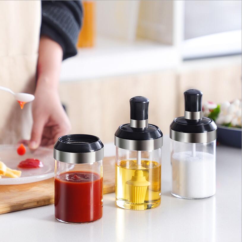 Glass Integrated Spice Bottles Jars Seasoning Spoon Oil Brush Honey Bar Lid Seal Sauce Kitchen Storage Boxes Organization Items