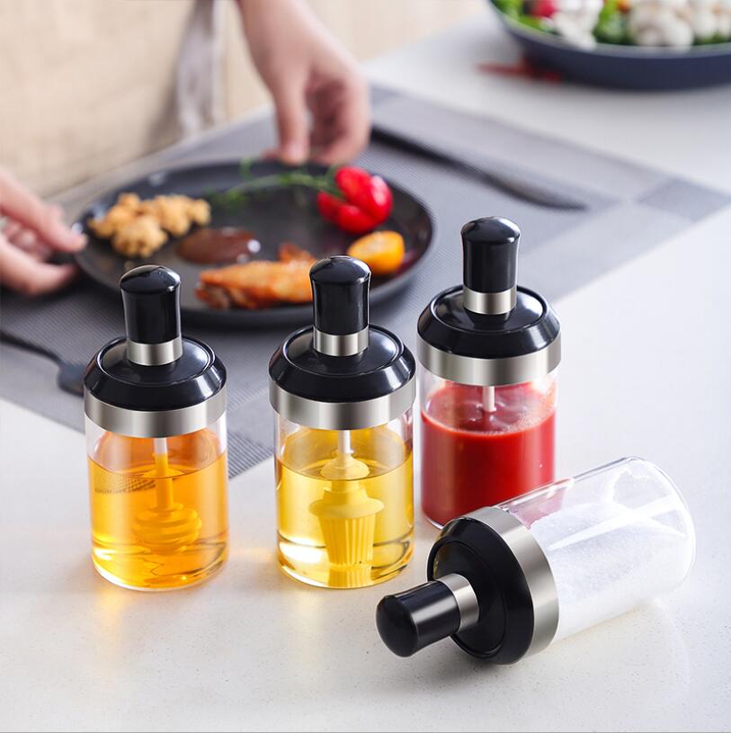 Glass Integrated Spice Bottles Jars Seasoning Spoon Oil Brush Honey Bar Lid Seal Sauce Kitchen Storage Boxes Organization Items
