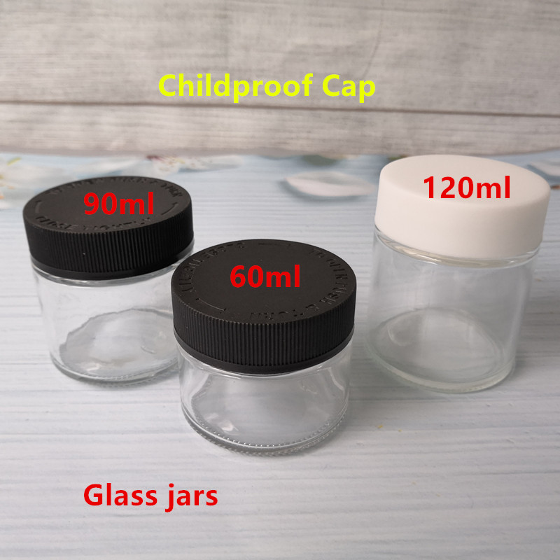 Glass Jar 60ml 90ml 120ml Child proof Jars Child proof Cap white cap or black Cap Glass Concentrate Container Dry Herb Flower Sm