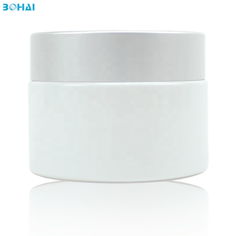 Glass Jar Face Cream White 50g Pearl with Sliver Screw Cap Plastic Eye Cream