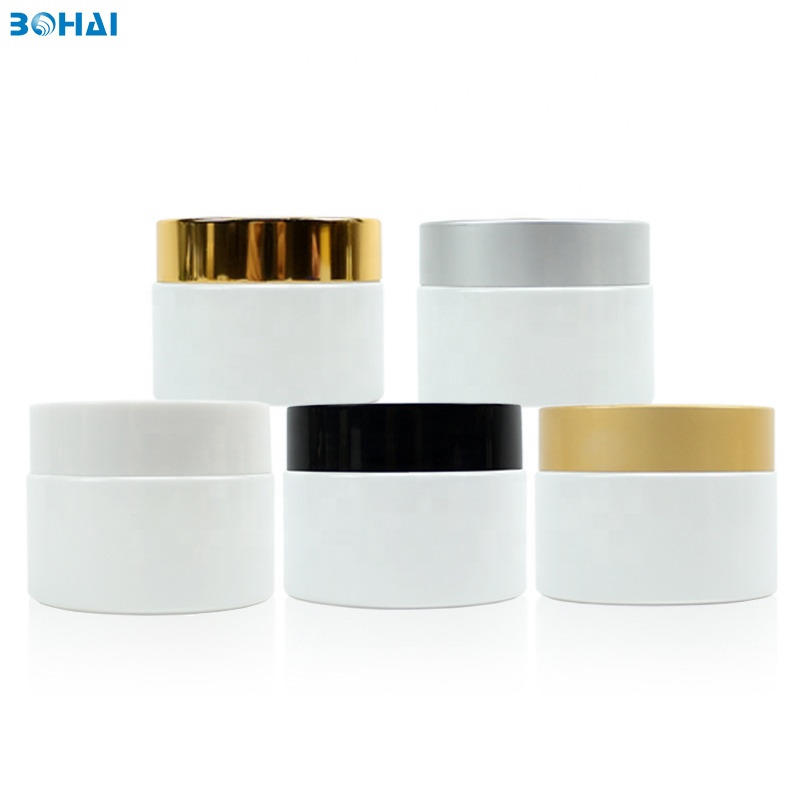 Glass Jar Face Cream White 50g Pearl with Sliver Screw Cap Plastic Eye Cream