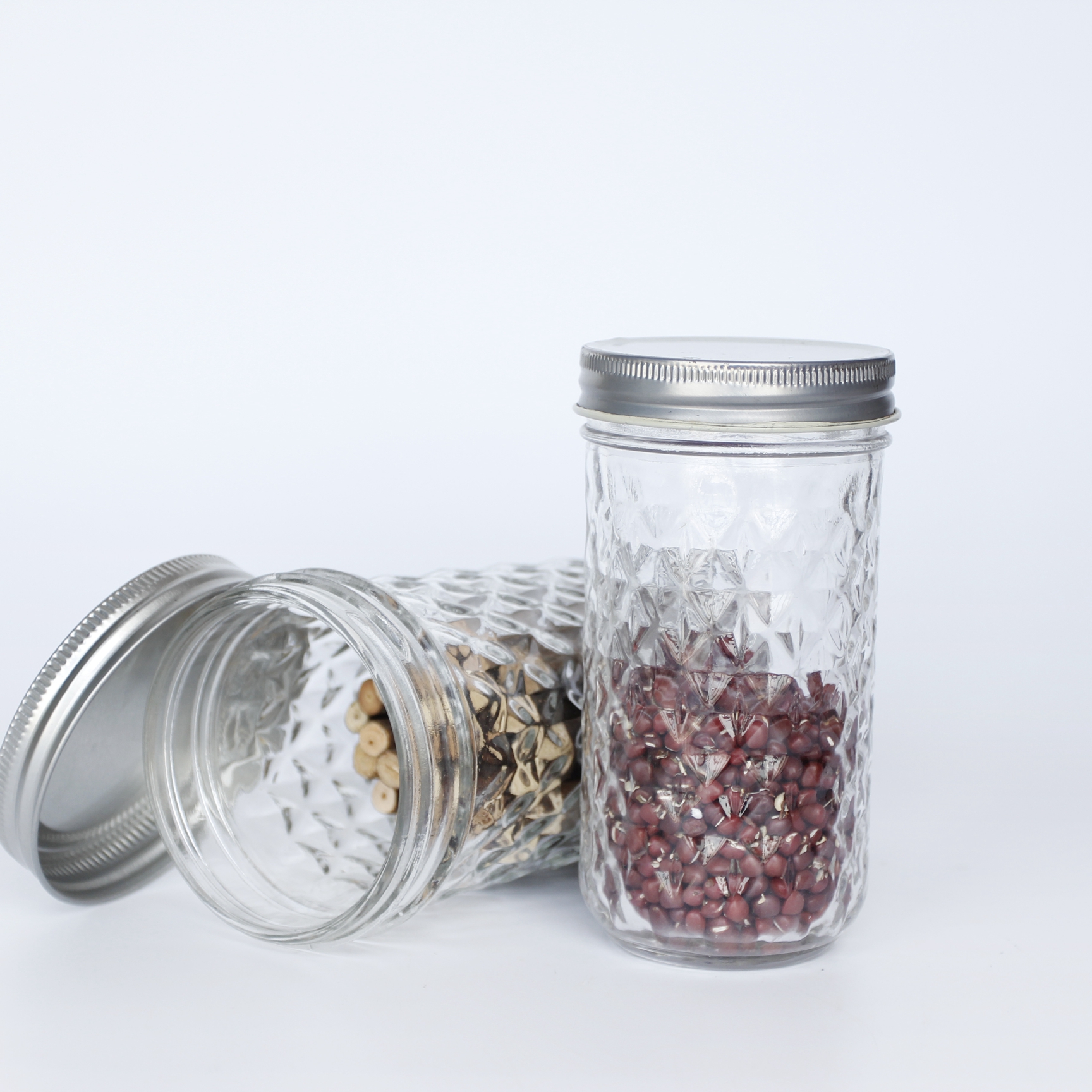 Glass Jar For Milkshake Glass Beverage Ribbed Jar with Screw Metal Lid