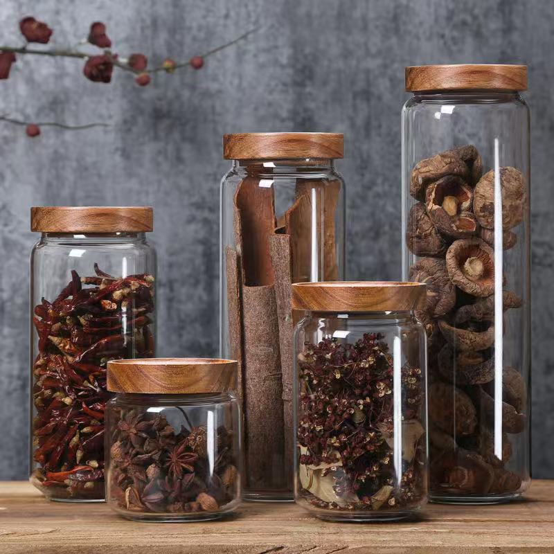 Glass Jar Sealed Bottle Tea Dry Goods Storage Jar Acacia Wood Cover Glass Storage Jar