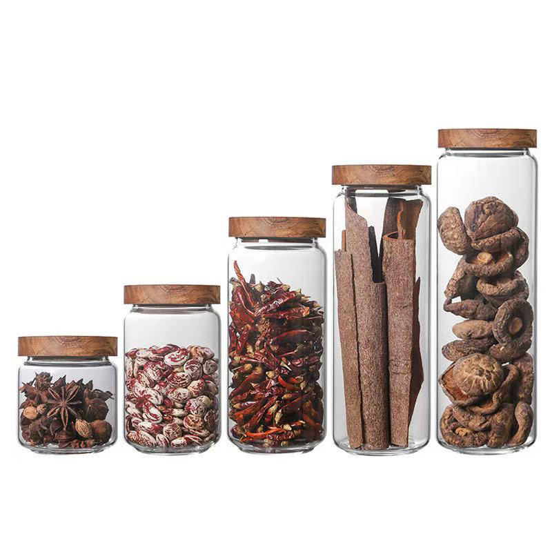 Glass Jar Sealed Bottle Tea Dry Goods Storage Jar Acacia Wood Cover Glass Storage Jar