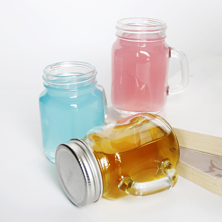 Glass Jar Supplier Sales 4oz 12oz 16oz 20oz Mason Jars Glass With Metal Lid and Handle for Beverage Juice Beer