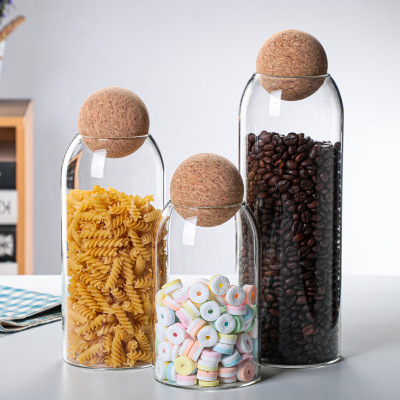 Glass Jar with Airtight Seal Wood Lid Ball Clear Storage Jar Food Glass Canister Hot sales glass jar with Ball shape cork lid