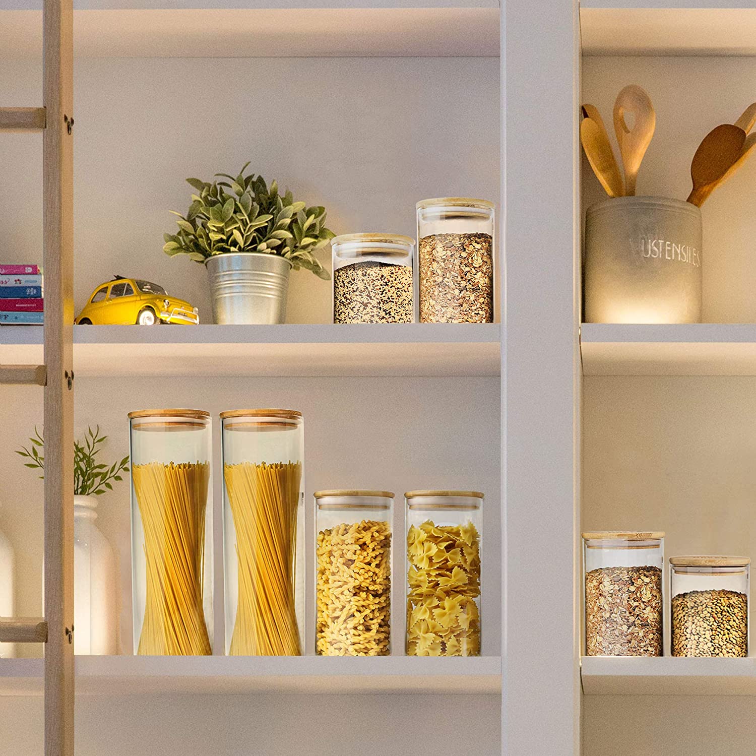 Glass Jar with Bamboo Lids Glass Airtight food Storage Containers Glass Canister SetsLarge Pantr