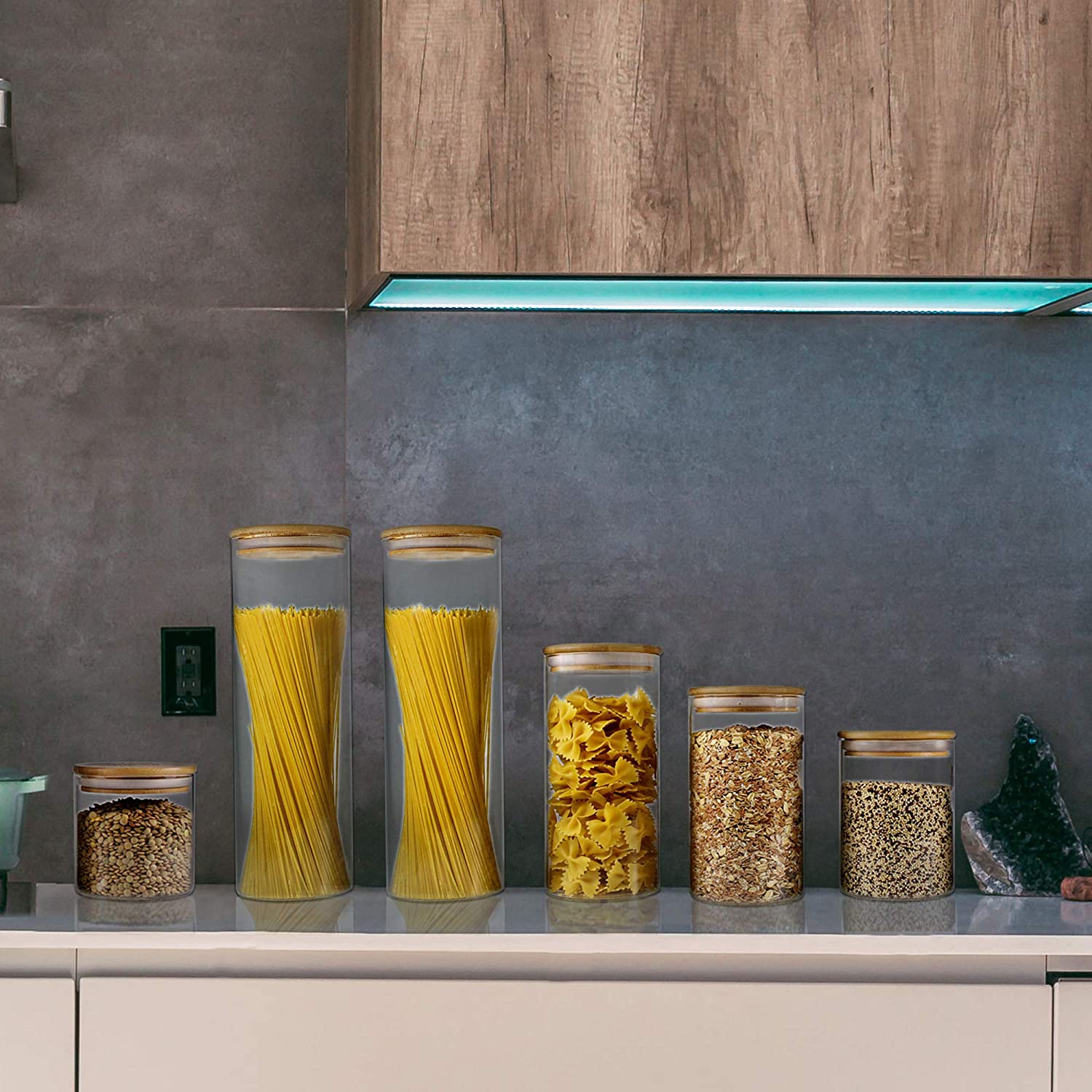 Glass Jar with Bamboo Lids Glass Airtight food Storage Containers Glass Canister SetsLarge Pantr
