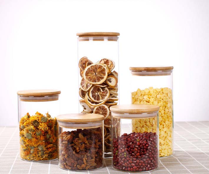 Glass Jars With Bamboo Lid Airtight Glass Canisters Sets Glass Food Storage Containers Canister For Food Freezer/Heat Resistant