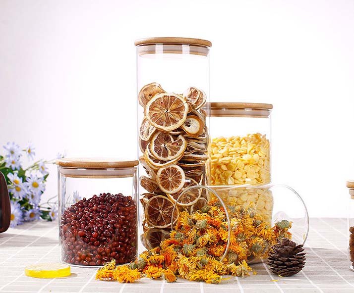 Glass Jars With Bamboo Lid Airtight Glass Canisters Sets Glass Food Storage Containers Canister For Food Freezer/Heat Resistant