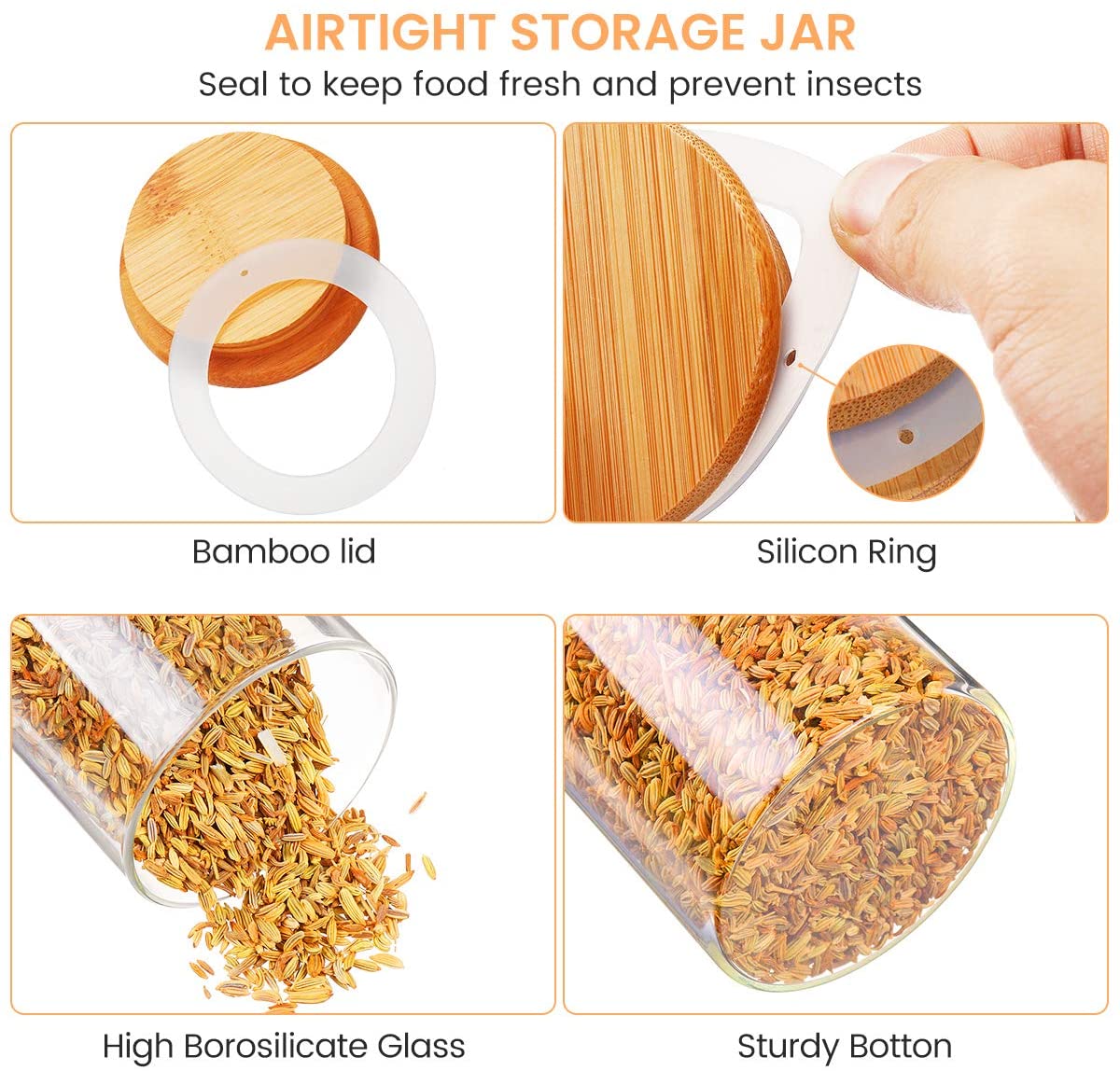 Glass Jars with Bamboo Lids, Airtight Canisters Set for Kitchen Pantry Organization, Clear Glass Food Storage Containers