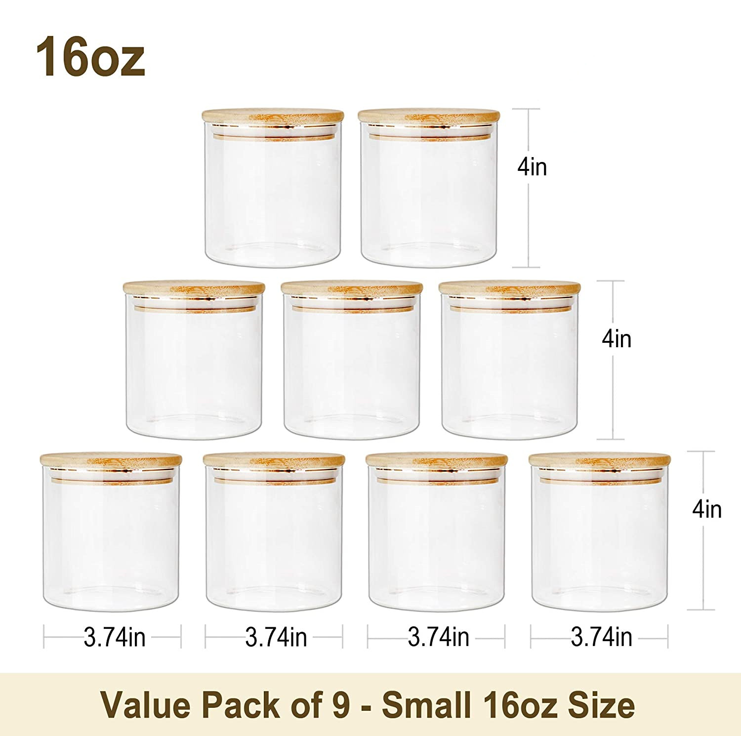 Glass Jars with Bamboo Lids Glass Food Jars and Canisters Sets, 9 Pack of 16oz