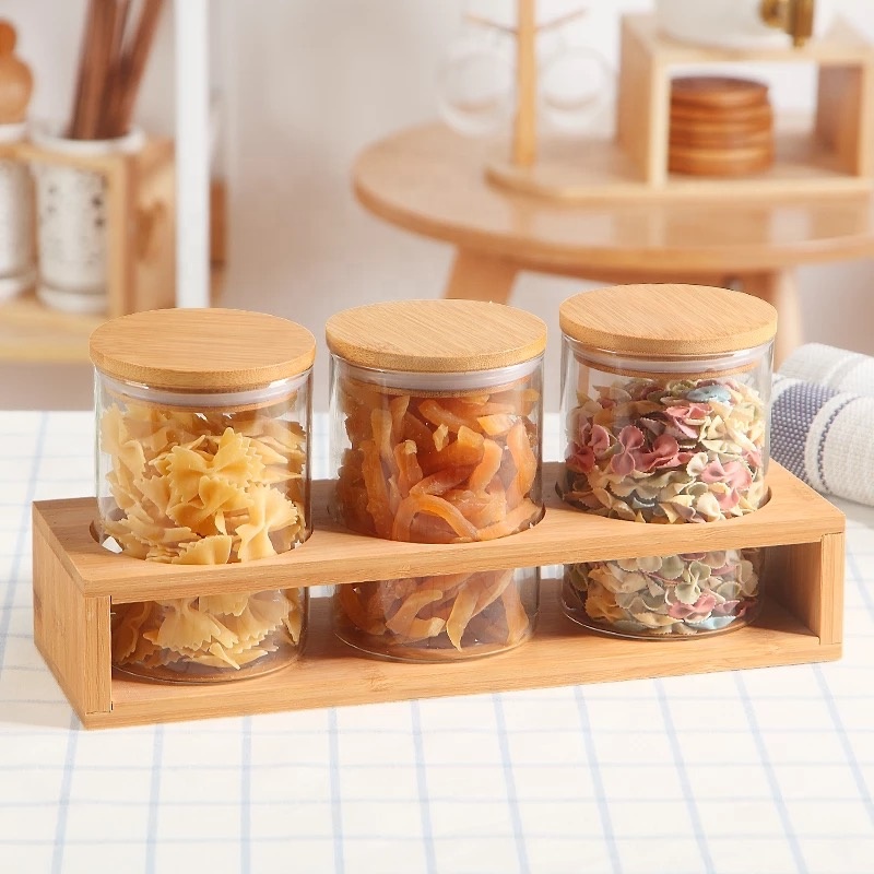Glass Kitchen Canisters Clear Glass Food Storage Jar With Airtight Bamboo Lids BJ-CC32