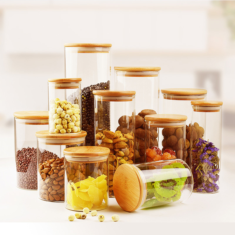 Glass Kitchen Canisters Clear Glass Food Storage Jar With Airtight Bamboo Lids