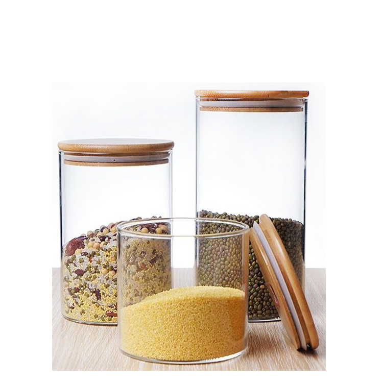 Glass Kitchen Food Container Set High Borosilicate 3 Pieces Glass Storage Jar Bottle With Bamboo Wood Lid