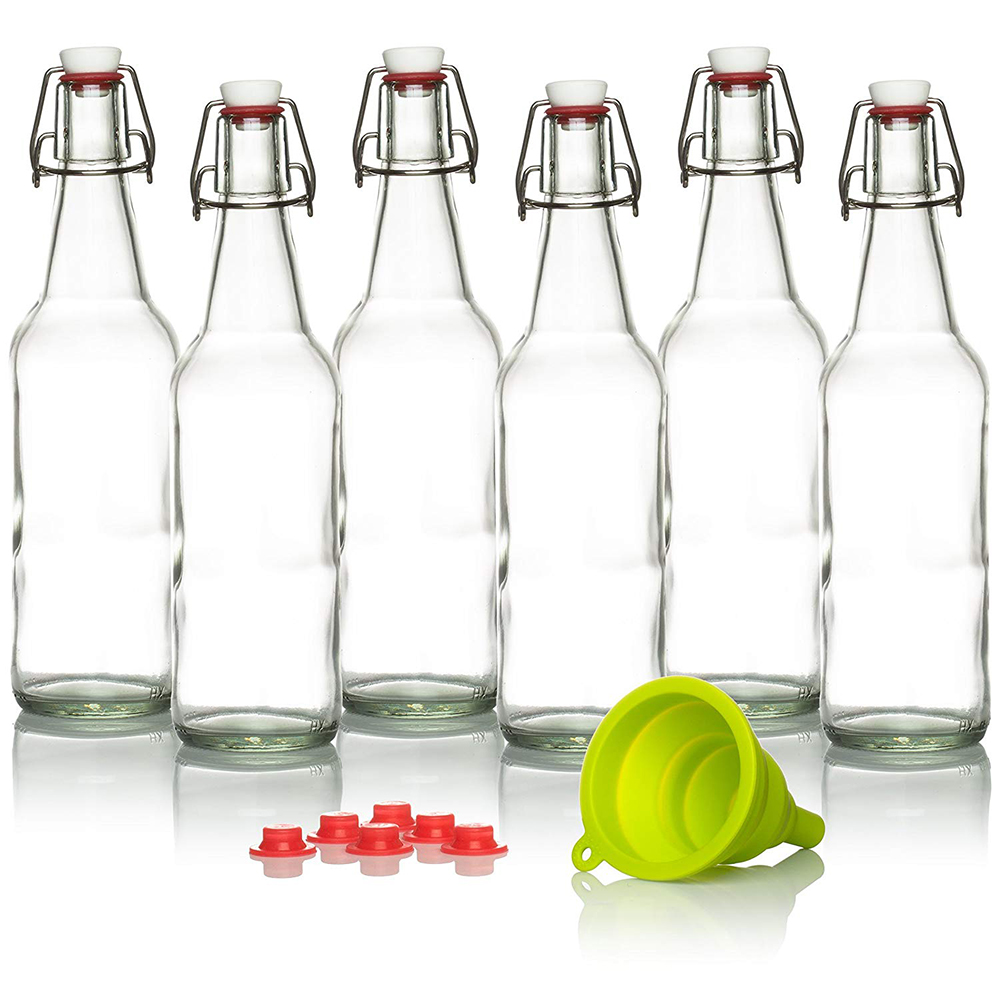 Glass Kombucha Bottles For Home Brewing Kombucha Kefir or Beer-16oz Clear Flip top Glass Grolsch Bottles