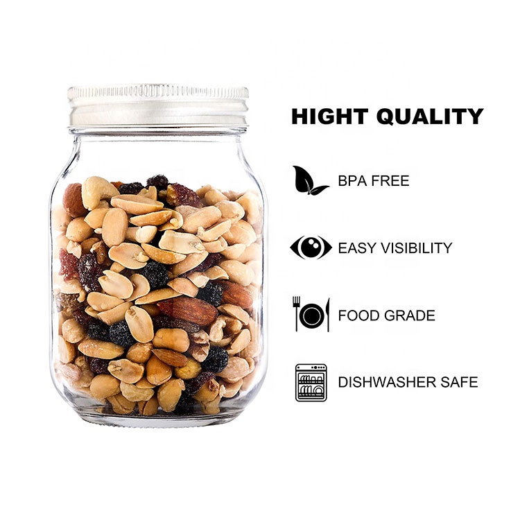 Glass Mason Jar 16 oz Wide Mouth Food storage honey canning container reusable with sliver metal lid