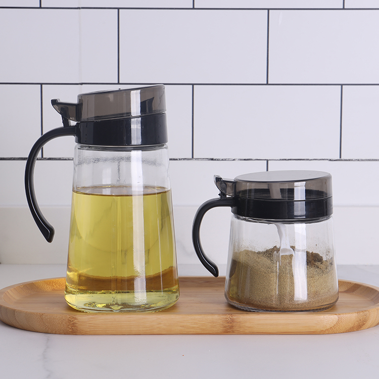 Glass Oil Pot Dispenser,Kitchen Cooking Oil Dispenser Auto Flip Olive Oil Glass Bottle Non-Slip Handle