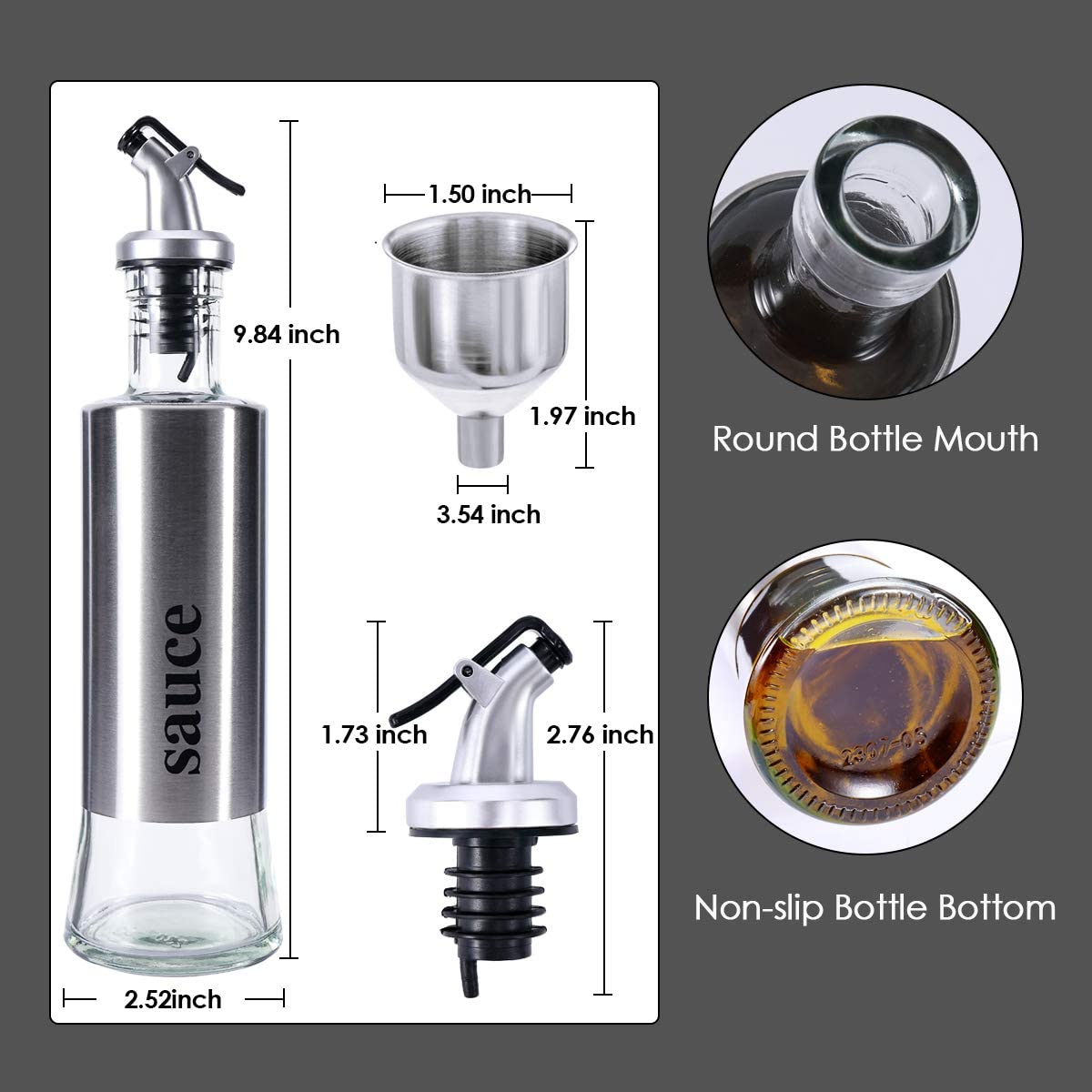 Glass Olive Oil Bottles With Stainless Steel Cover And Pouring Spouts