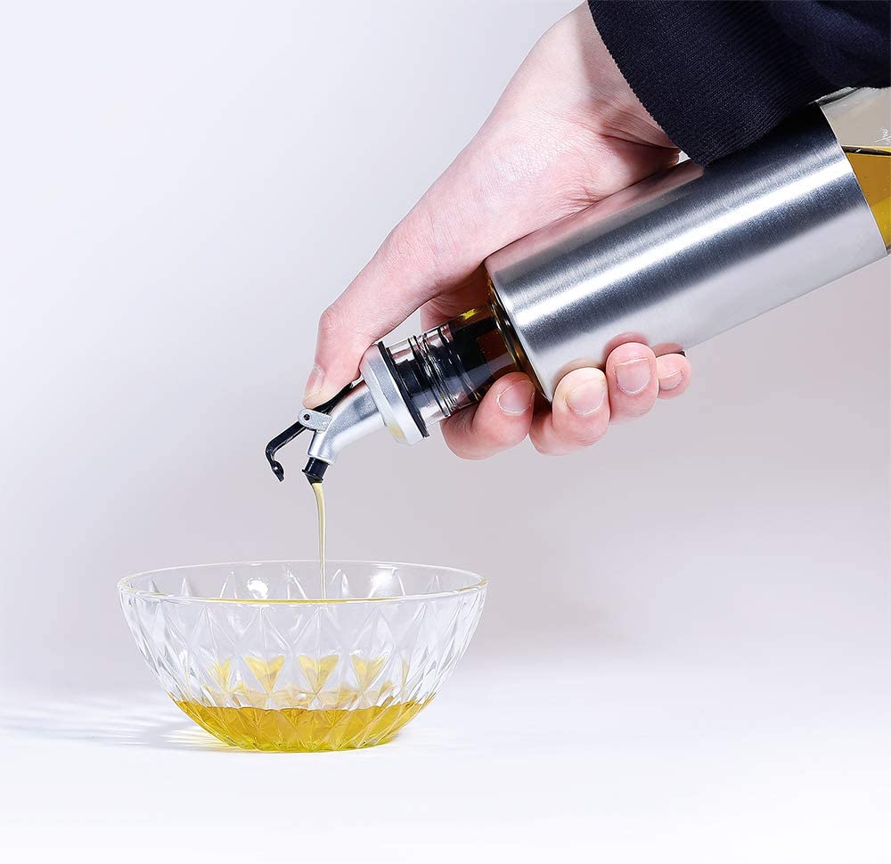 Glass Olive Oil Bottles With Stainless Steel Cover And Pouring Spouts