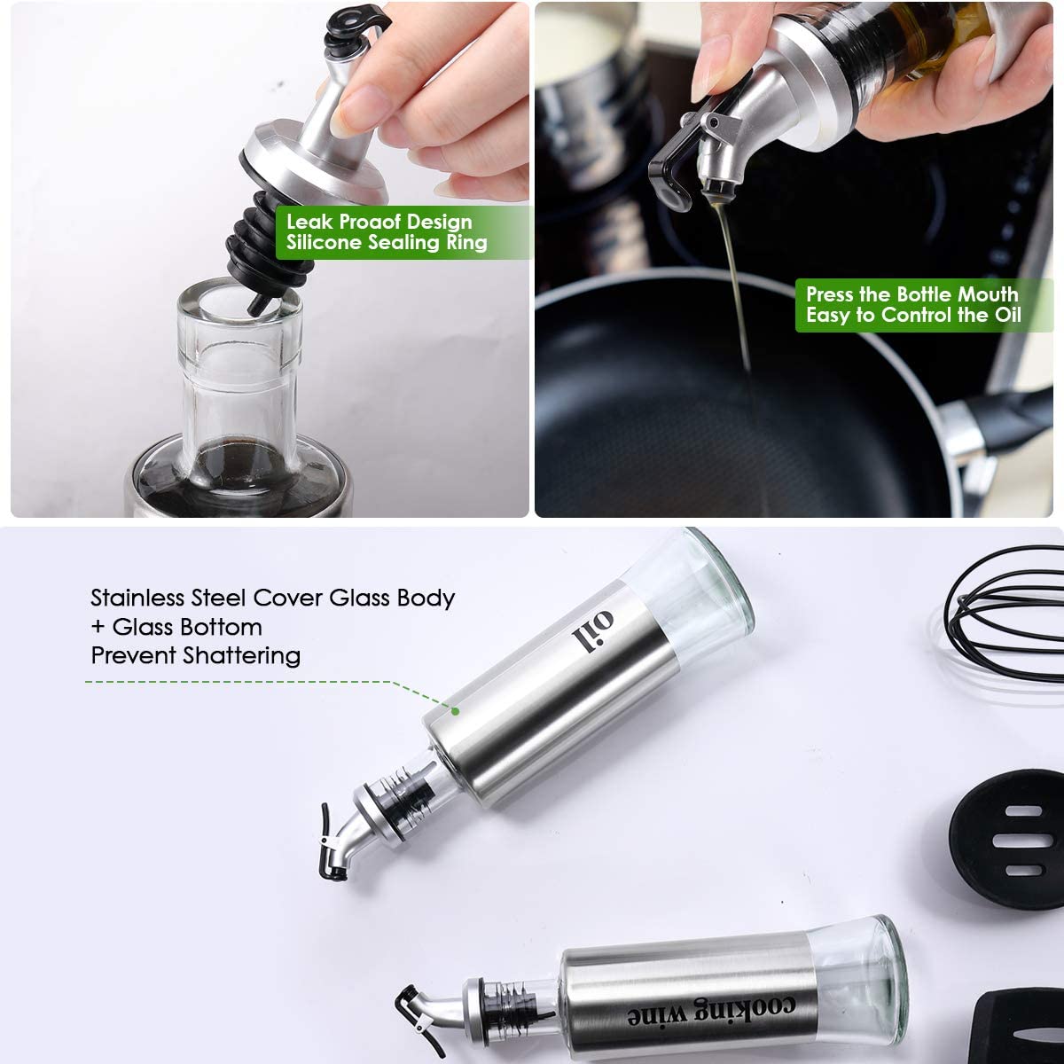 Glass Olive Oil Bottles With Stainless Steel Cover And Pouring Spouts