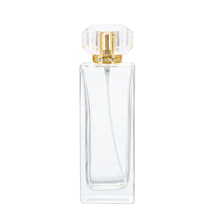 Glass Perfume Bottle Mist Sprayer Manufacturer 50ml Square Clear Crystal with Gold Aluminum Crystal White Material Personal Care