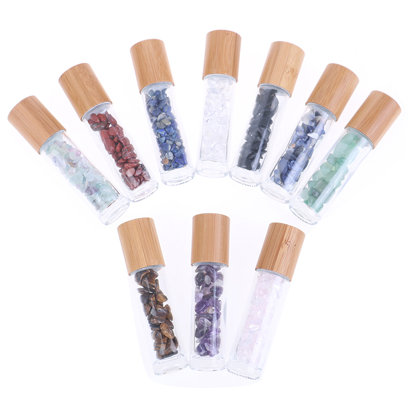 Glass Roll On Bottle With Gemstone Essential Oil Roller Bottle with Bamboo Cap