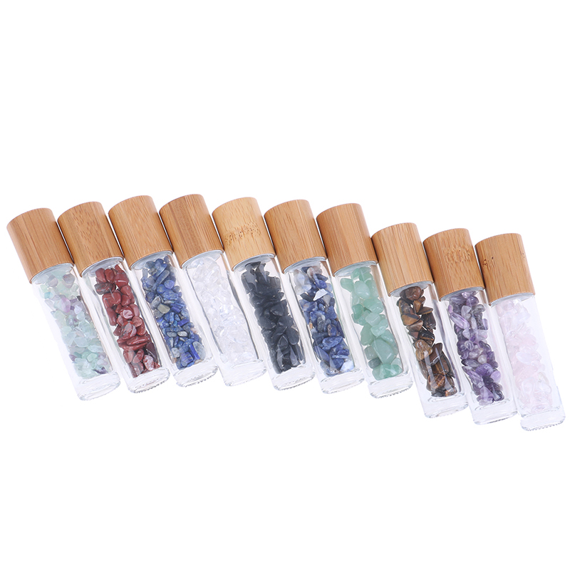 Glass Roll On Bottle With Gemstone Essential Oil Roller Bottle with Bamboo Cap