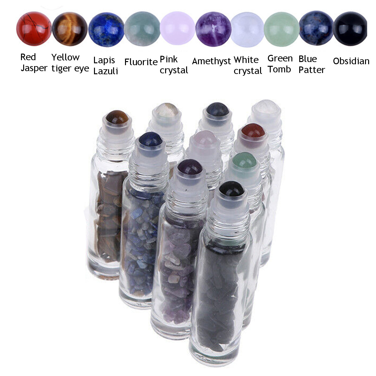 Glass Roll On Bottle With Gemstone Essential Oil Roller Bottle with Bamboo Cap
