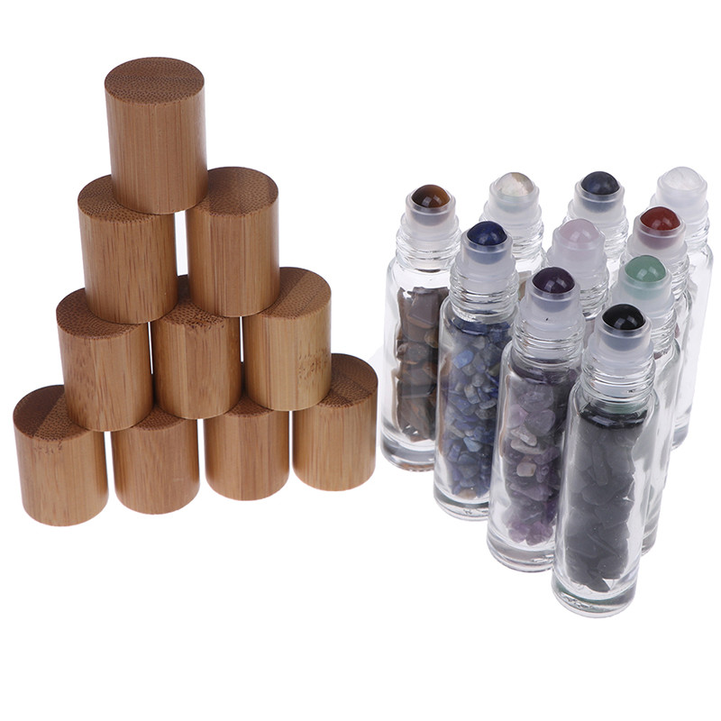 Glass Roll On Bottle With Gemstone Essential Oil Roller Bottle with Bamboo Cap