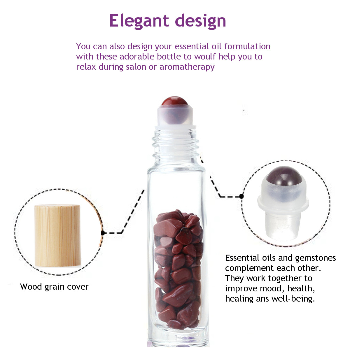 Glass Roll On Bottle With Gemstone Essential Oil Roller Bottle with Bamboo Cap