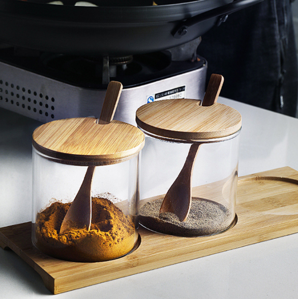 Glass Seasoning Spice Salt Oil Jar Container Bottle Set with PP Lid and Serving Spoon for Home Kitchen