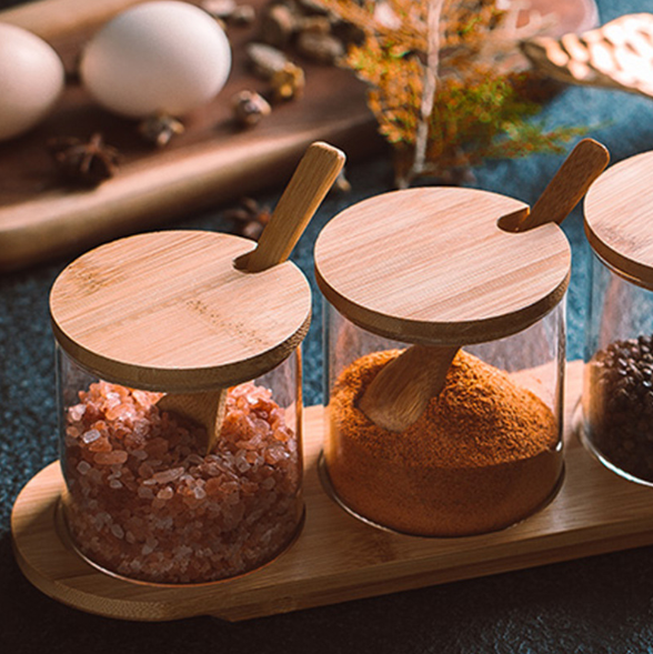 Glass Seasoning Spice Salt Oil Jar Container Bottle Set with PP Lid and Serving Spoon for Home Kitchen