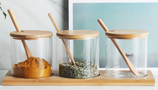 Glass Seasoning Spice Salt Oil Jar Container Bottle Set with PP Lid and Serving Spoon for Home Kitchen